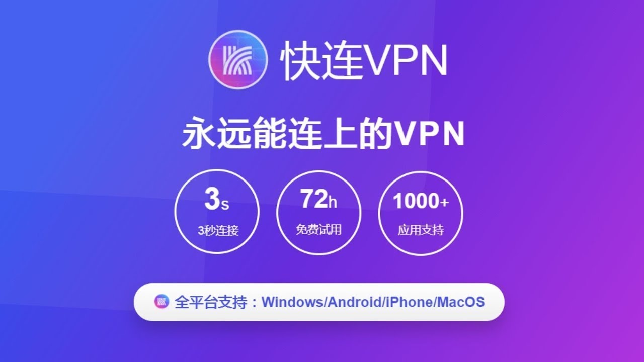 快连VPN展示图：永远能连上的VPN，3秒连接、72小时试用、1000+应用支持